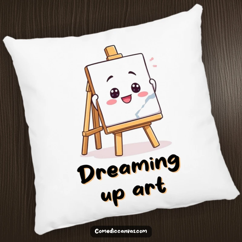Funny pillow with a playful easel character enthusiastically holding up a masterpiece, offering comfort and a touch of lighthearted artistic humor.