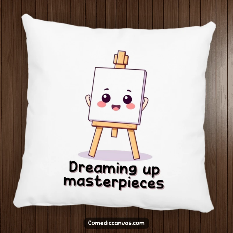 Funny kawaii easel holding a blank canvas, a soft decorative pillow, offering comfort and artistic humor for any space.