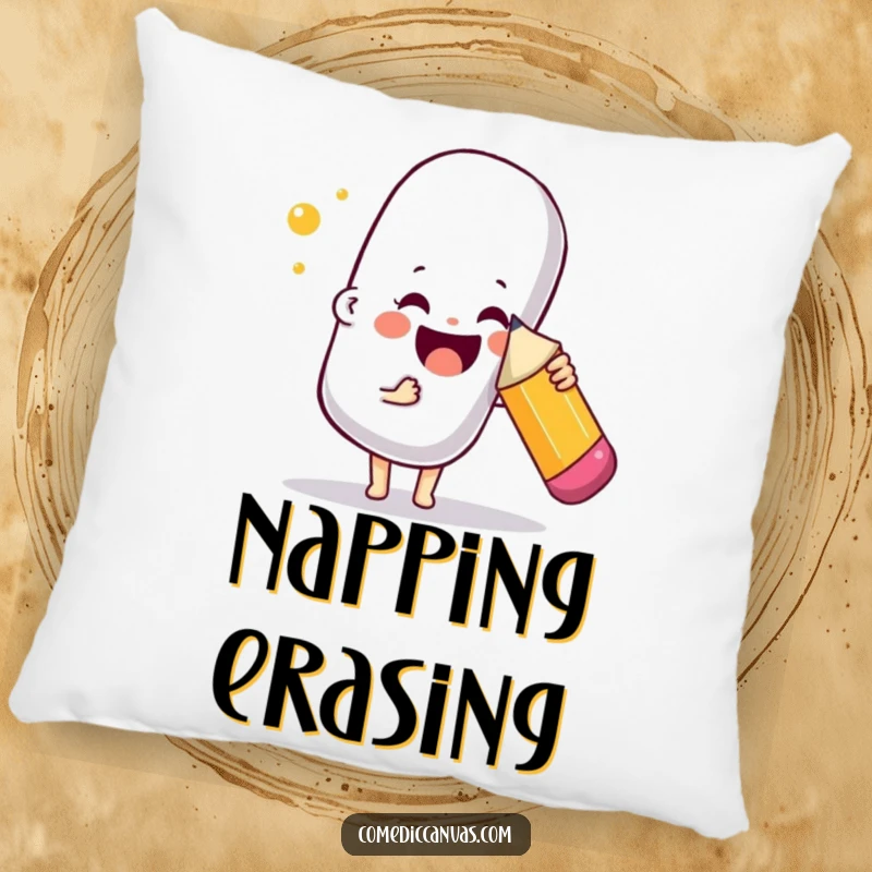 Funny pillow featuring a joyful character poking a giant bouncy eraser with a pencil, offering comfort and art humor.