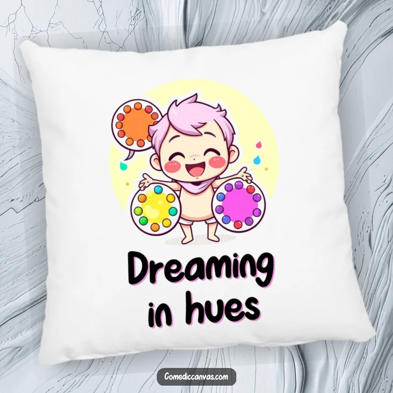 Funny pillow featuring a happy character juggling colorful art palettes, offering comfort and a dose of artistic humor.