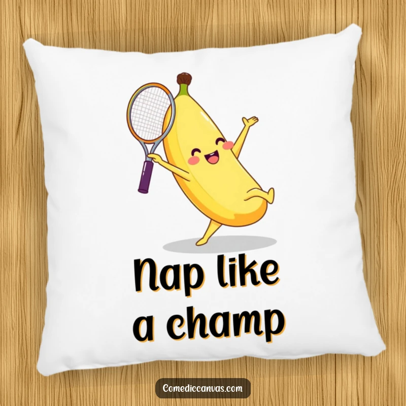 Funny banana character doing a cartwheel with a tennis racket, offering cozy comfort and humor on this plush pillow.