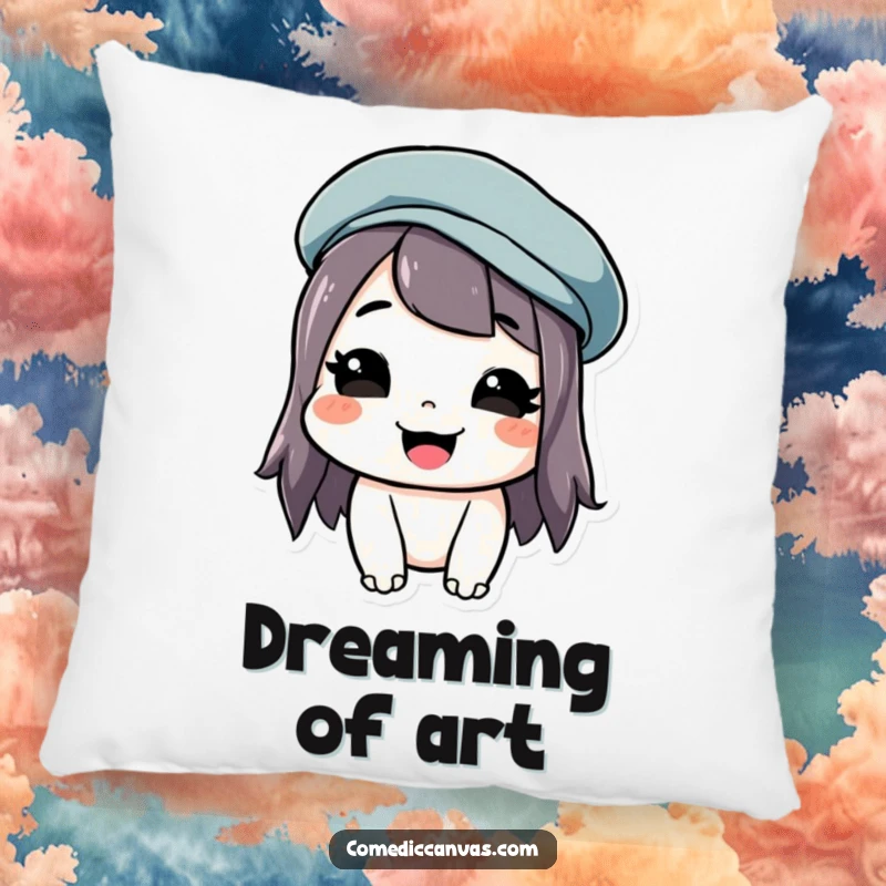 Funny pillow featuring a grinning artist with a tilted beret, perfect for cozying up.