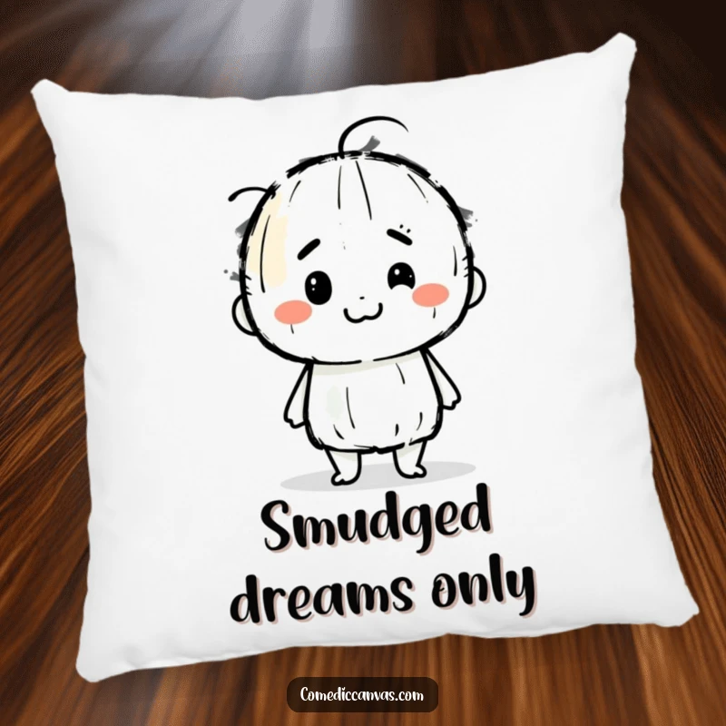 Funny pillow with a determined charcoal stick character gleefully smudging artistic lines, designed for comfort and a dose of creative humor.