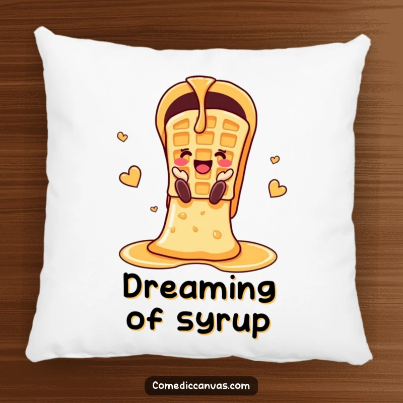 Funny cheerful waffle sliding down a syrup chute, a plush pillow for sweet dreams and smiles.