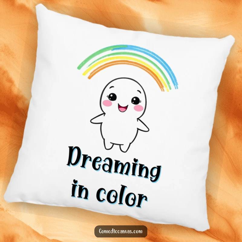 Funny pillow with a cheerful crayon character drawing a vibrant rainbow, offering comfort and a splash of artistic joy.