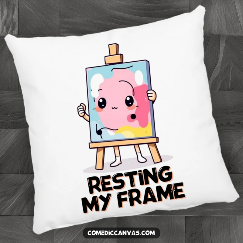 Funny determined easel character holding up an abstract masterpiece, soft throw pillow, humorous artistic illustration.