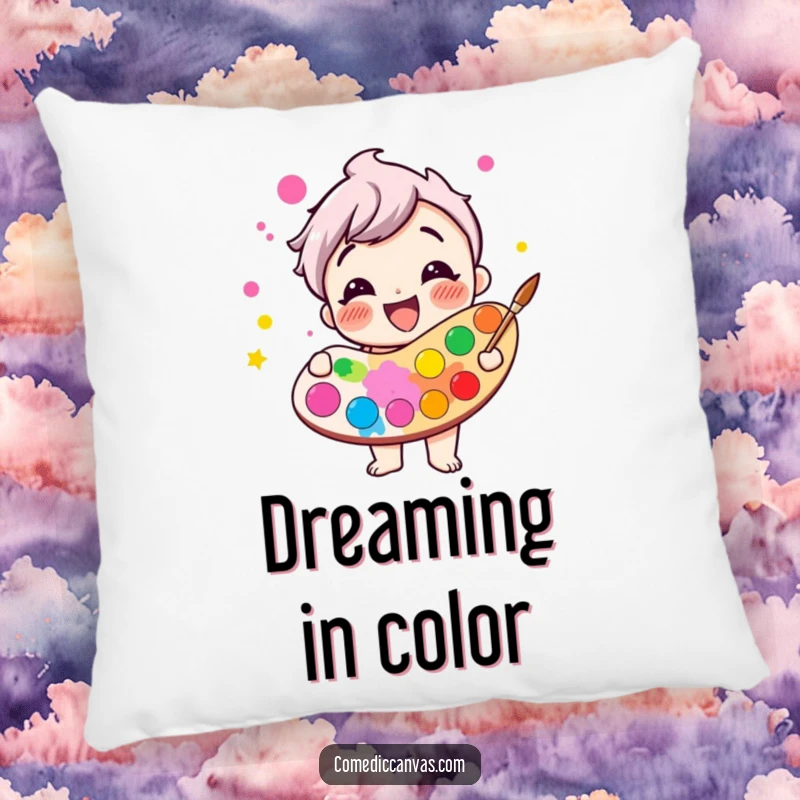 Funny giggling paint palette character overflowing with bright colors, soft throw pillow, humorous colorful illustration.