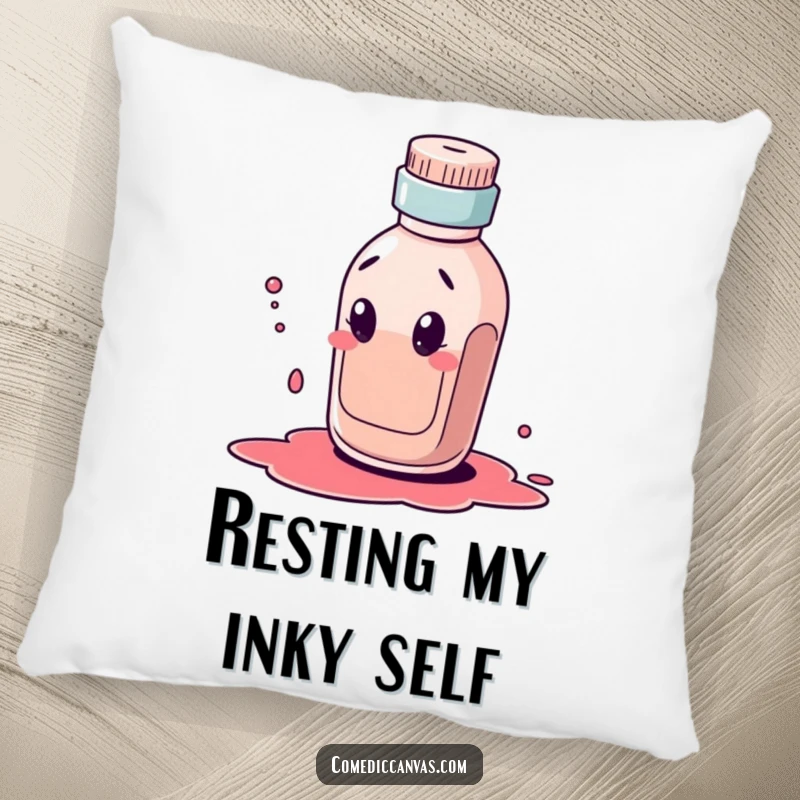 Funny pillow featuring a curious ink bottle character comically dribbling a large ink blot, bringing artistic comfort and humor.