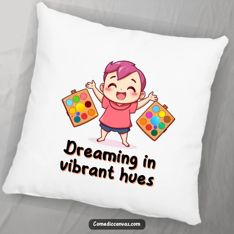 Funny pillow showcasing a happy character juggling art palettes bursting with color, adding cozy artistic charm.