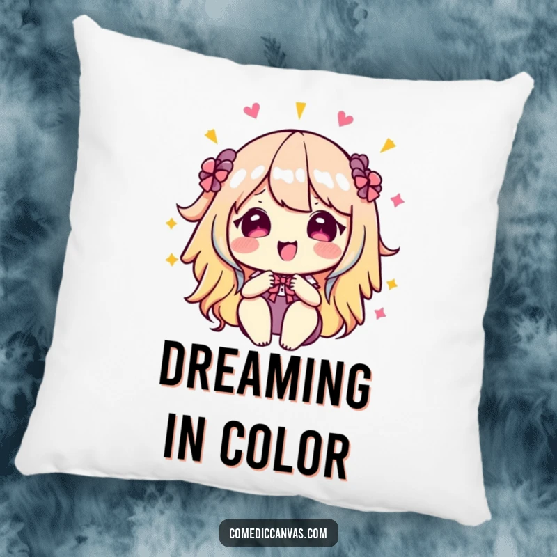 Funny kawaii palette blending joyful colors, a soft decorative pillow bringing artistic humor and vibrancy to any space.