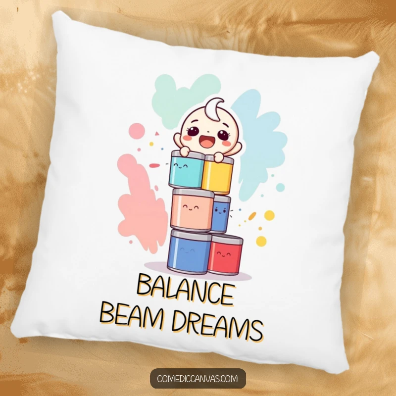 Funny pillow design of a laughing character balancing a precarious tower of colorful paint cans, ready to tumble.