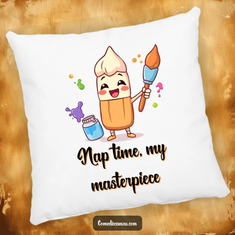 Funny pillow with a charming paintbrush character enthusiastically juggling vibrant paint pots, offering comfort and artistic humor.