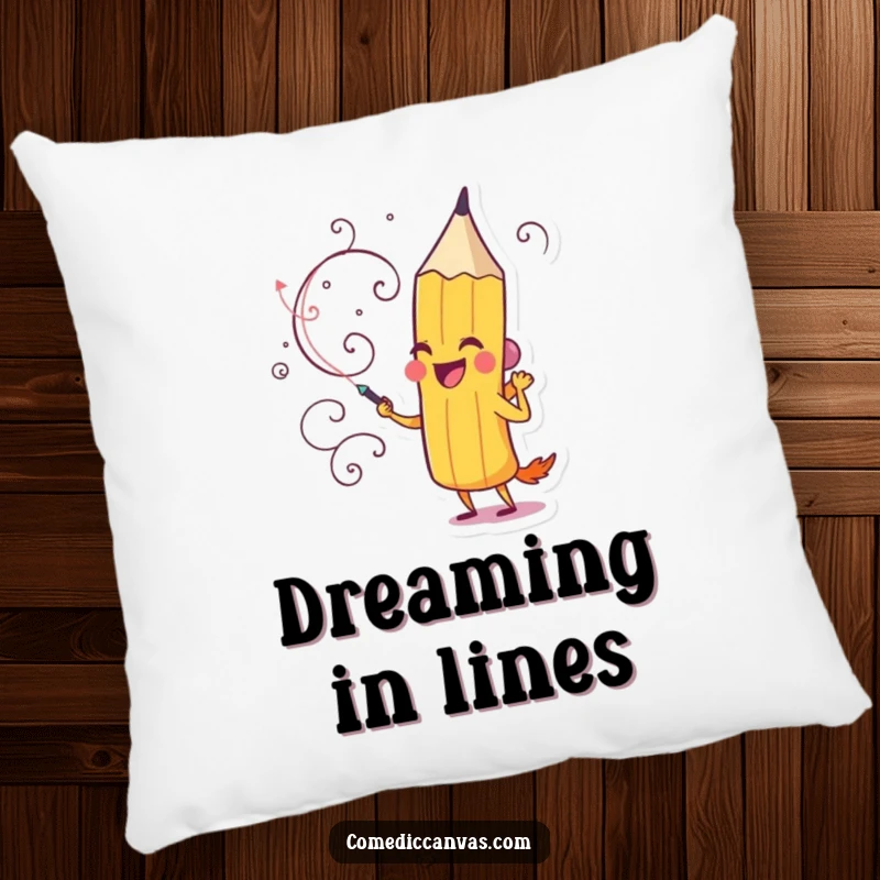 Funny pillow with a delighted pencil character actively drawing a whimsical, swirling design, offering comfort and art.