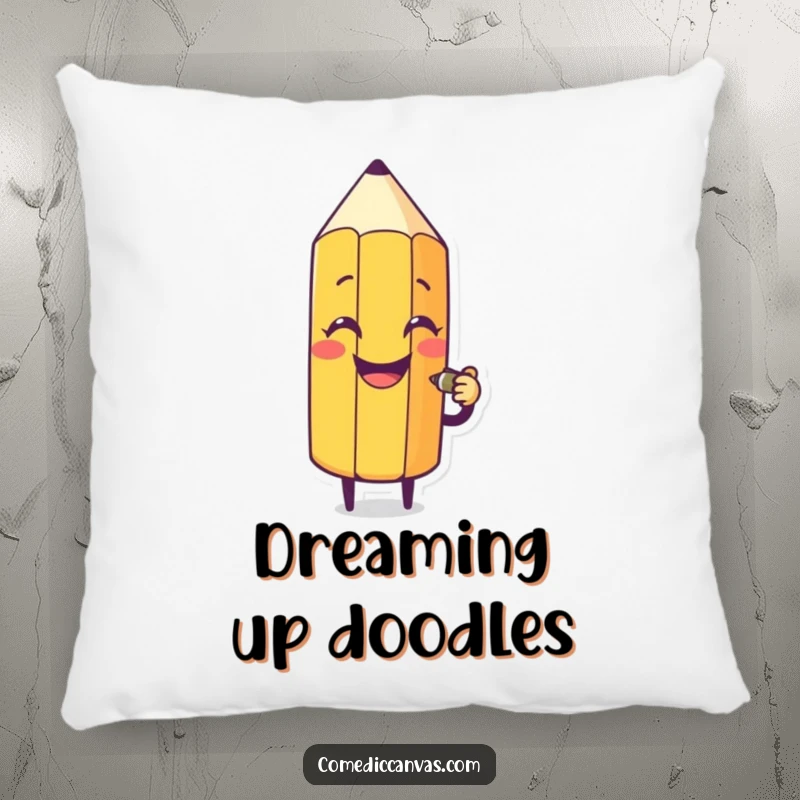 Funny pillow featuring a smiling pencil character drawing a humorous silly face, adding artistic charm and comfort to any space.