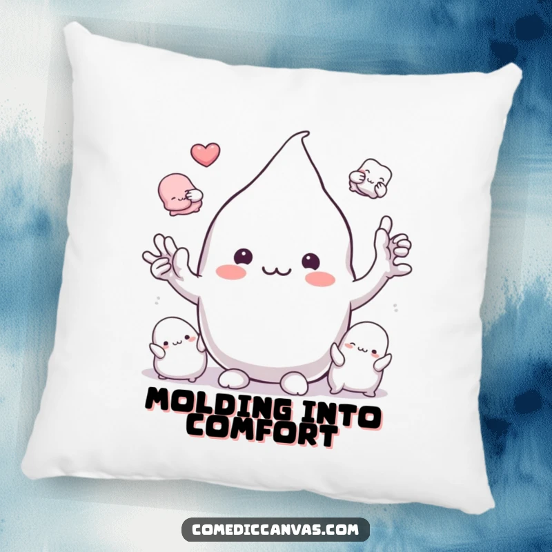 Funny playful clay blob character molding into shapes, soft throw pillow, humorous artistic illustration.