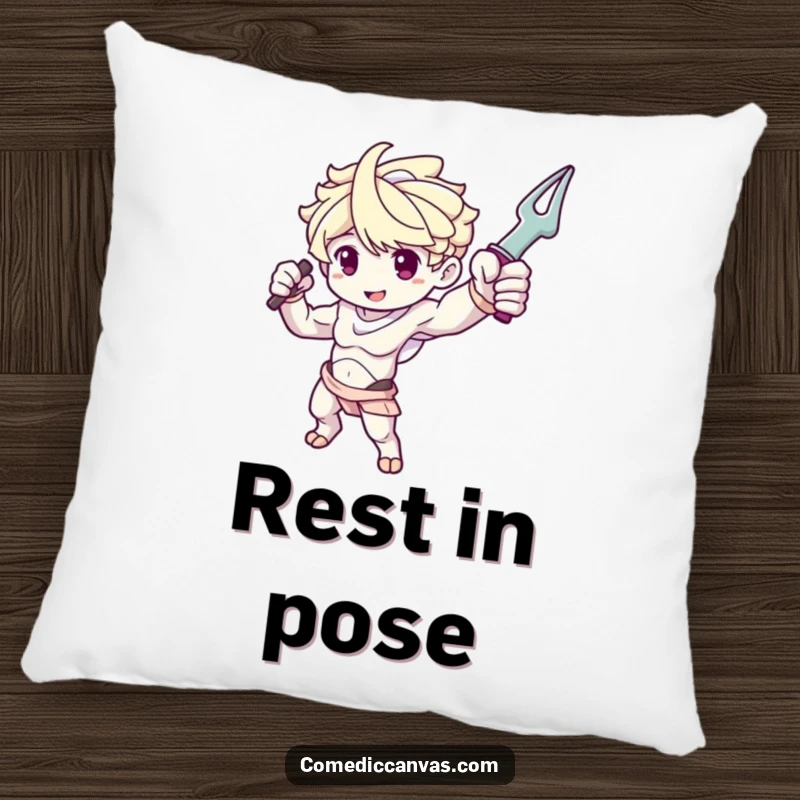 Funny pillow with a cute sculpture arm character dramatically posing with a tool, offering comfort and art.