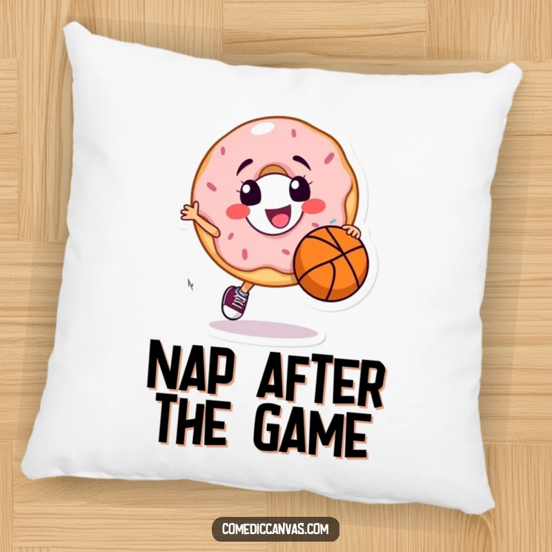 Funny pillow featuring a happy donut character joyfully dribbling a basketball, bringing sporty and sweet vibes to any room.