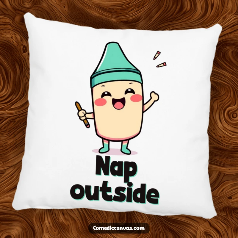 Funny pillow with a smiling crayon character excitedly coloring outside the lines of a shape, offering comfort.