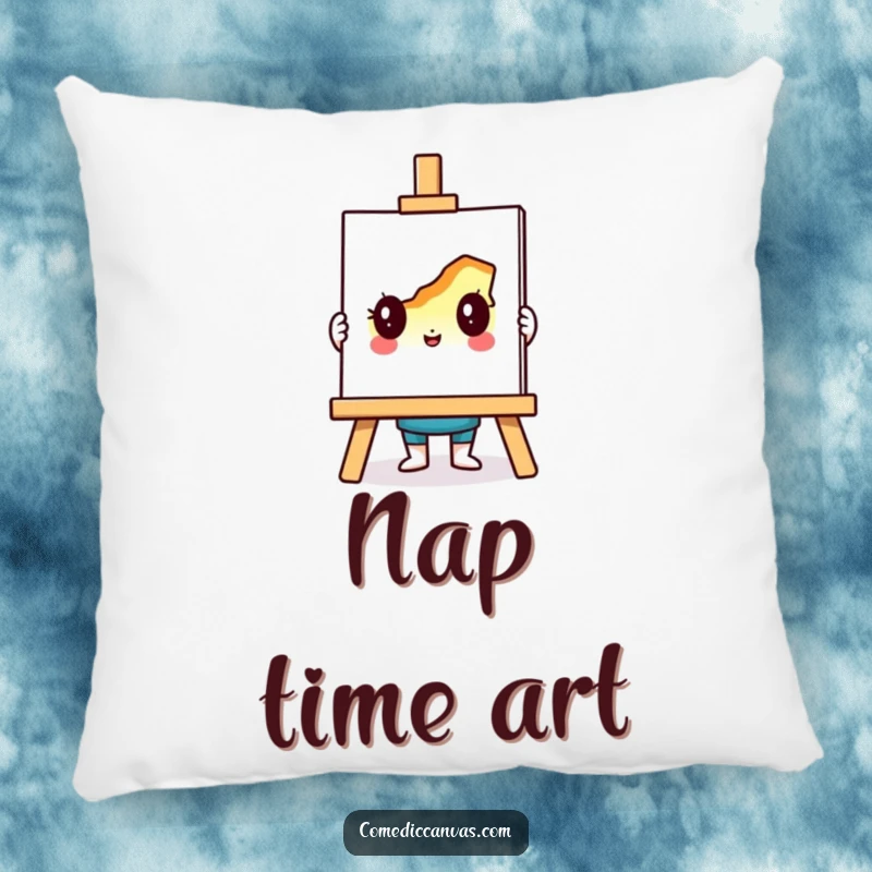 Funny pillow showcasing a cute easel character holding a bright, half-finished drawing, offering comfort and artistic flair.