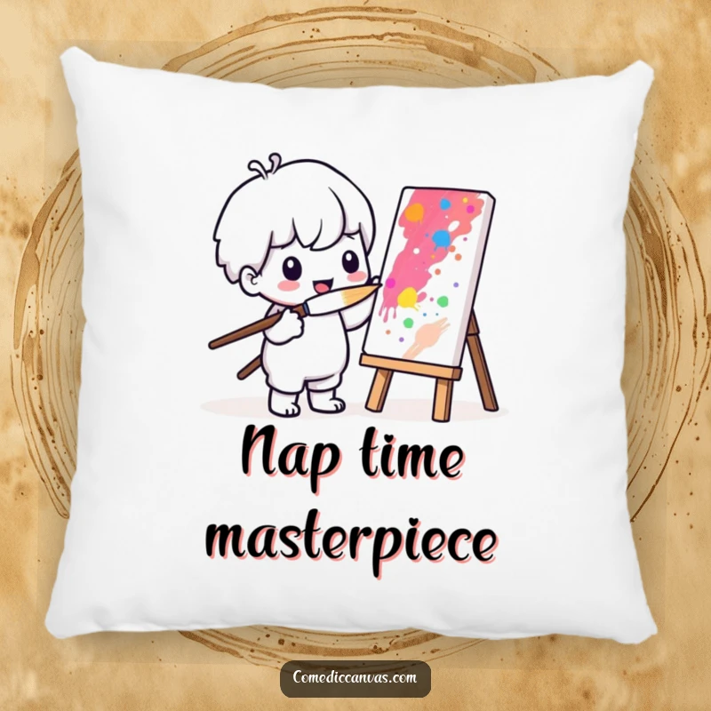 Funny pillow design of a cute Kawaii character painting a vibrant masterpiece using a comically large brush.