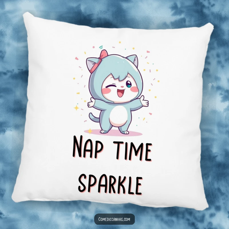Funny pillow with a mischievous character playfully throwing glittery confetti, offering comfort and a festive, joyful touch.