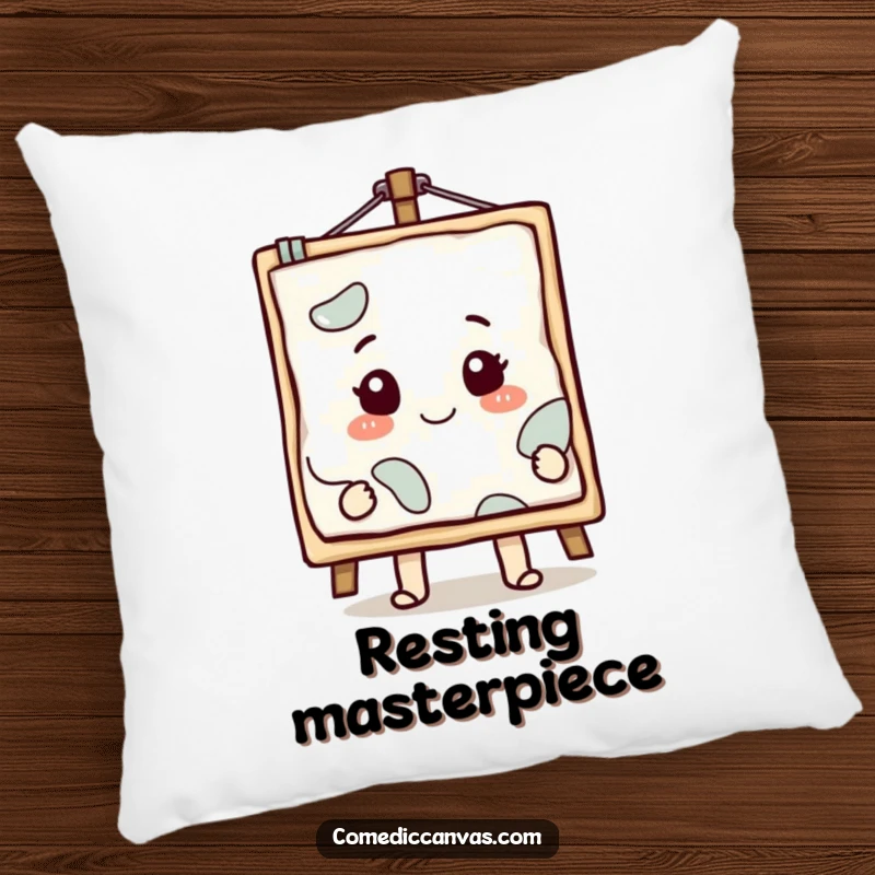 Funny smiling canvas character with a masterpiece emerging, a soft and humorous decorative pillow.
