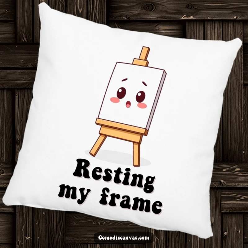 Funny pillow decorated with a surprised kawaii easel and tilted canvas, perfect for adding humorous comfort to any space.