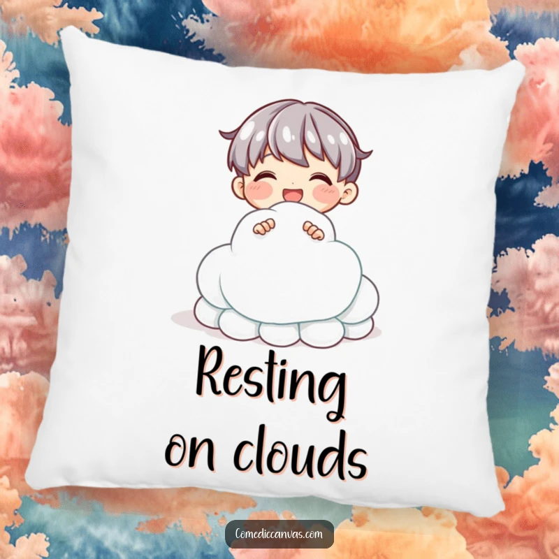 Funny pillow with a delighted character sculpting a cloud from shimmering clay, providing comfort and a touch of artistic fun.