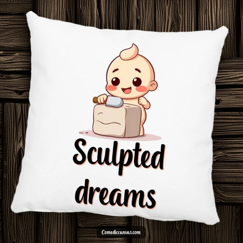 Funny pillow with a happy chisel character comically chipping away at a block of clay, offering comfort.