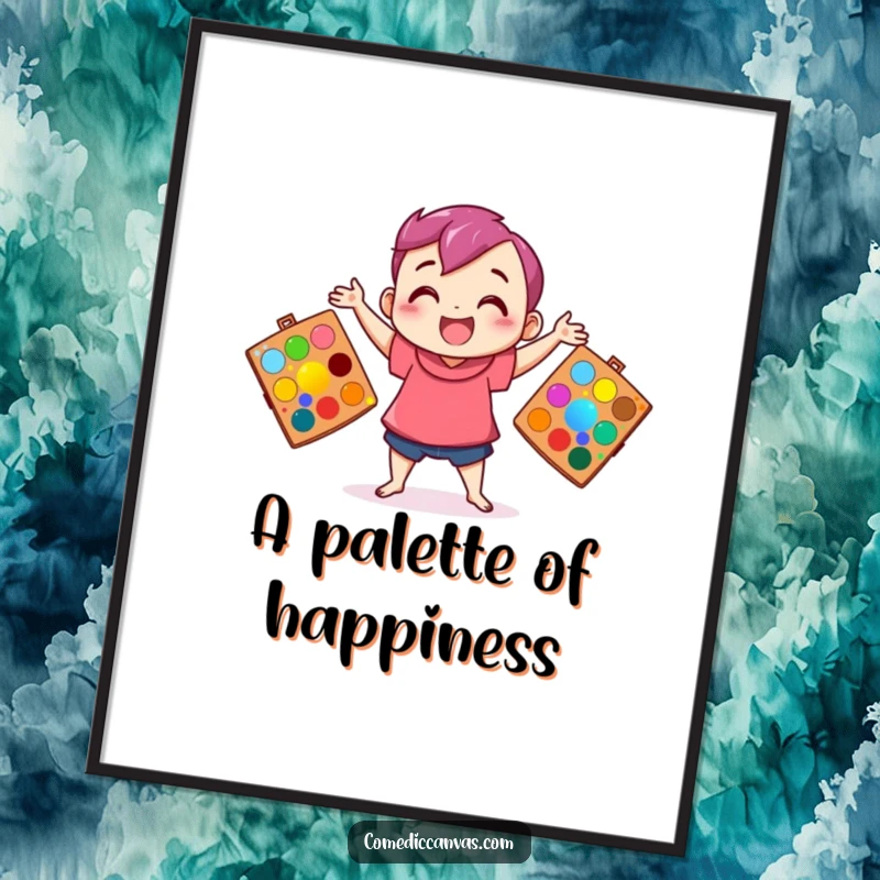 Funny digital art of a happy character skillfully juggling three art palettes filled with bright, vibrant colors.