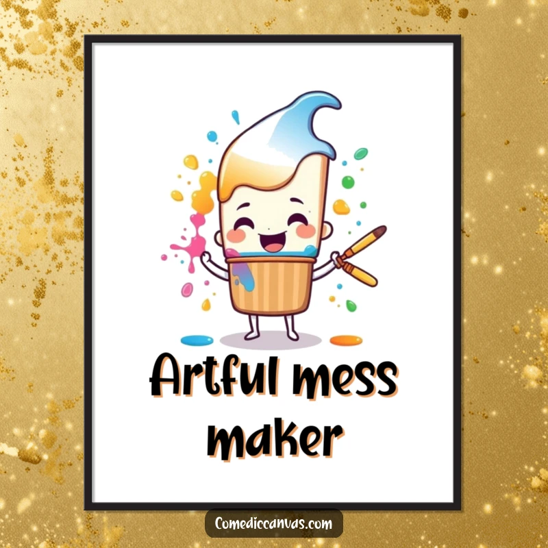 Funny cheerful paintbrush character happily splattering colorful paint, a humorous digital illustration for download.