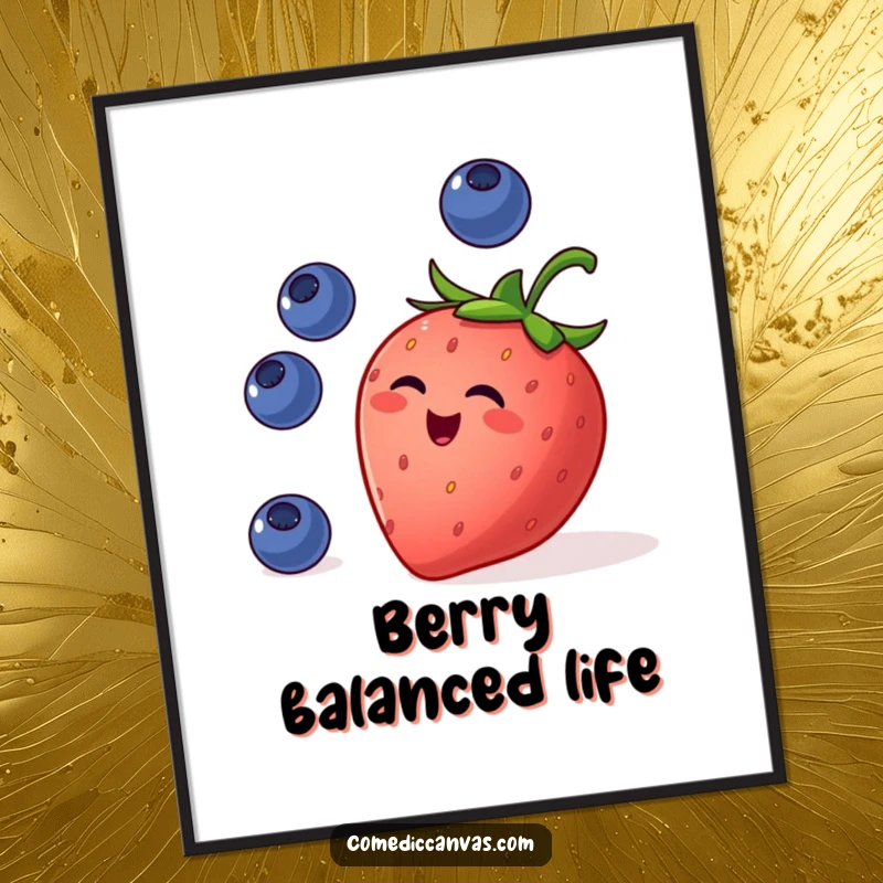 Funny digital art print of a mischievous strawberry juggling small blueberries, capturing its playful spirit and vibrant fruit design.