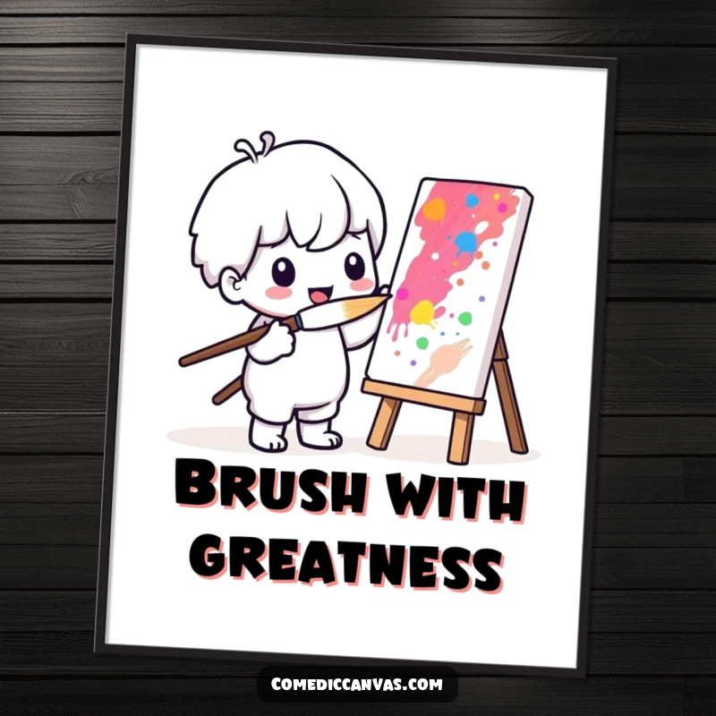 Funny digital art print of a cute Kawaii character painting a vibrant masterpiece with a comically large paintbrush.