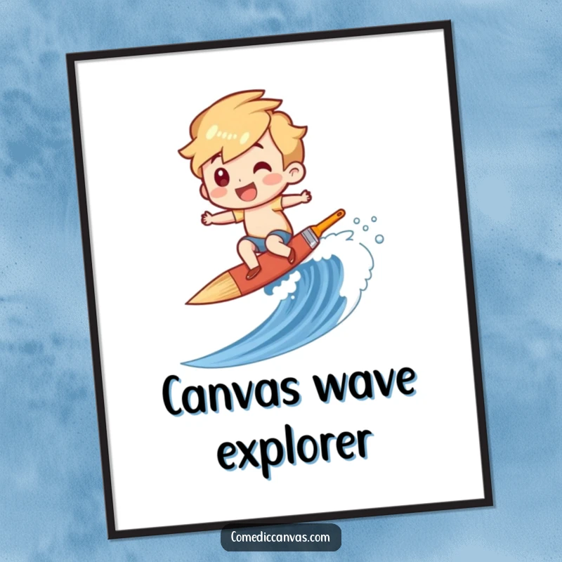 Funny digital art of a character giggling while riding a paintbrush like a surfboard down a colorful canvas wave.