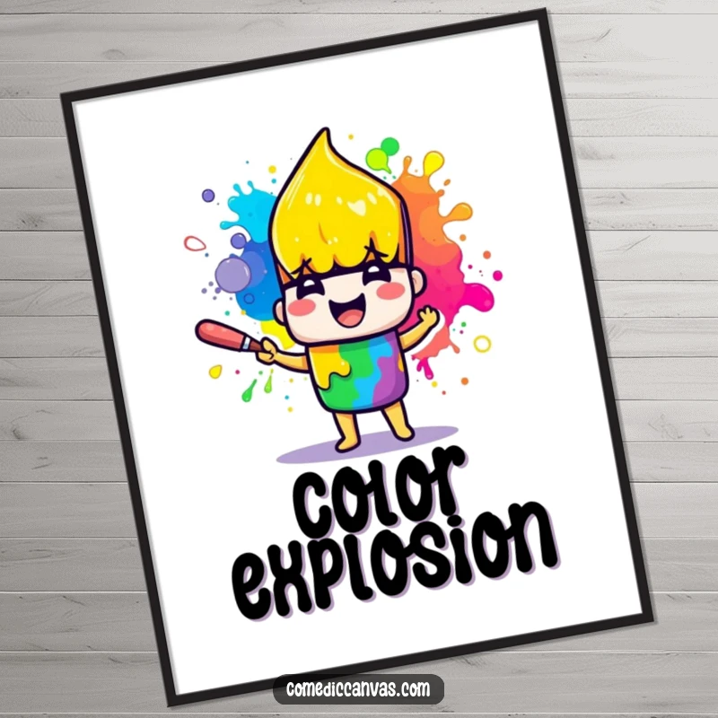 Funny digital art print of a cheerful paintbrush character joyfully splattering vibrant rainbow paint, for instant decor.
