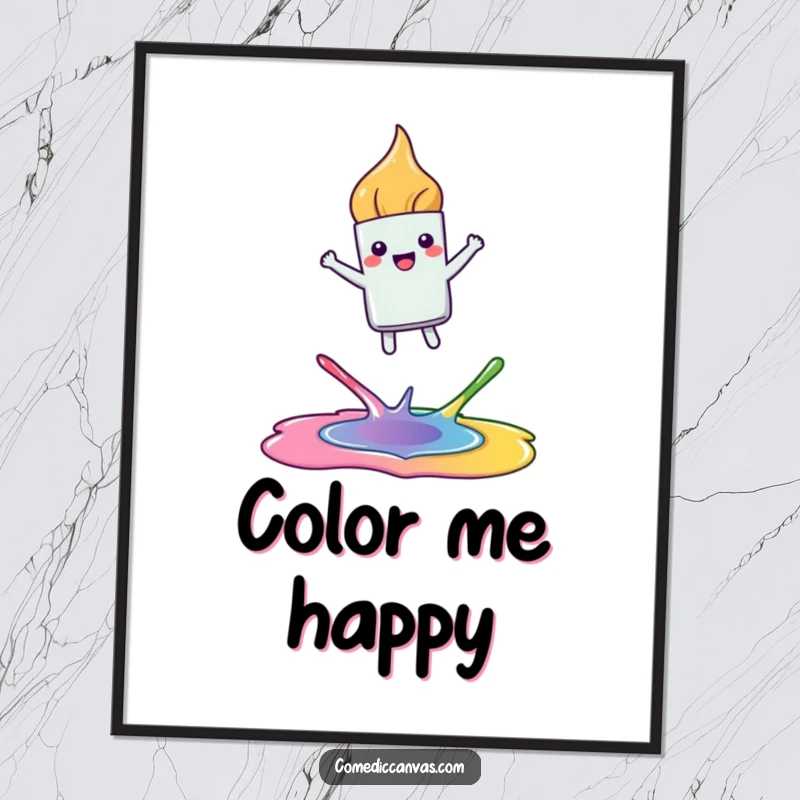 Funny digital art print of a happy, kawaii paintbrush leaping joyfully between colorful paint puddles, perfect for instant artistic decoration.