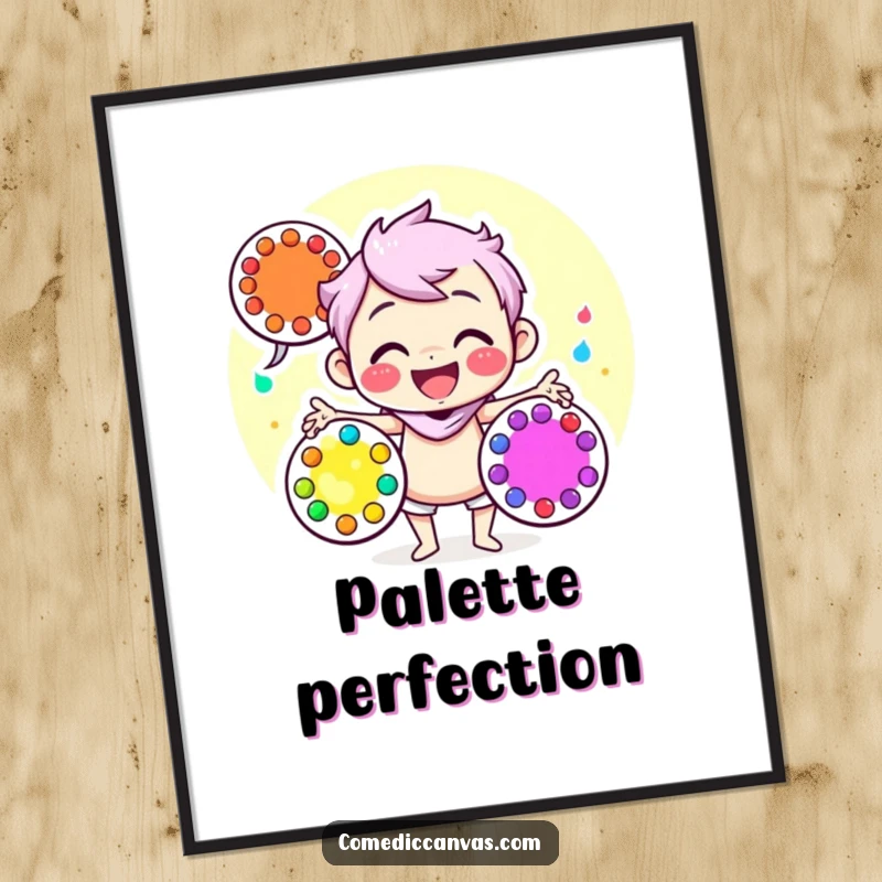 Funny digital art print of a happy character juggling three brightly colored art palettes, offering instant vibrant humor.