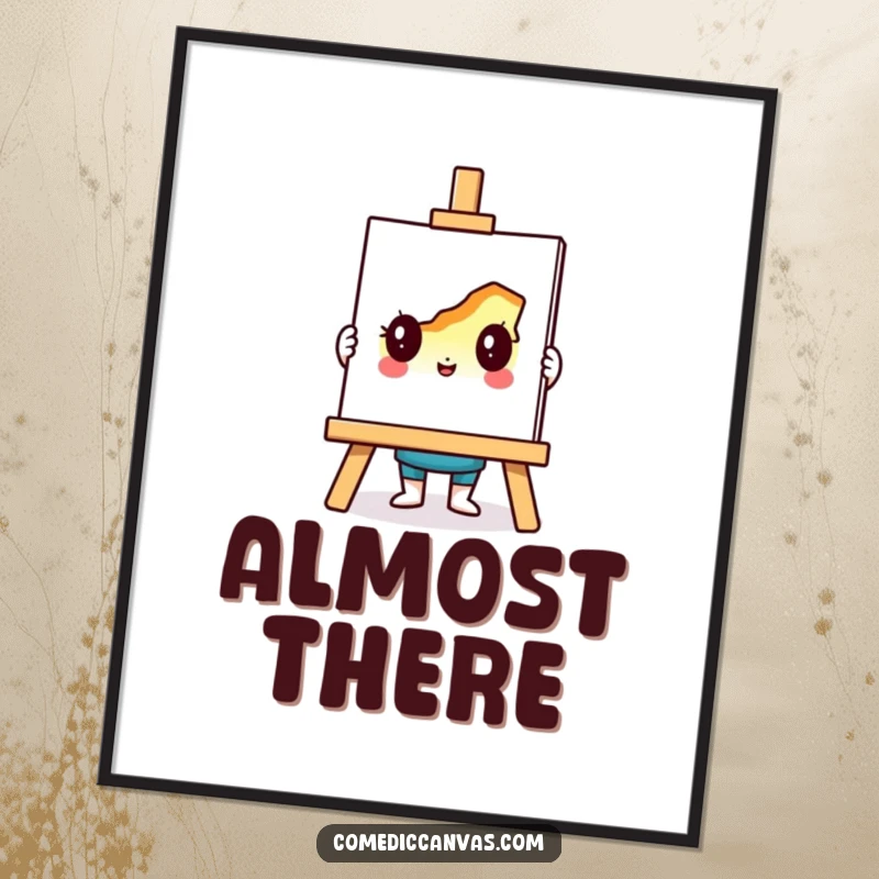 Funny digital art print of a cheerful easel character holding a vibrant, incomplete artwork, perfect for instant wall decoration.