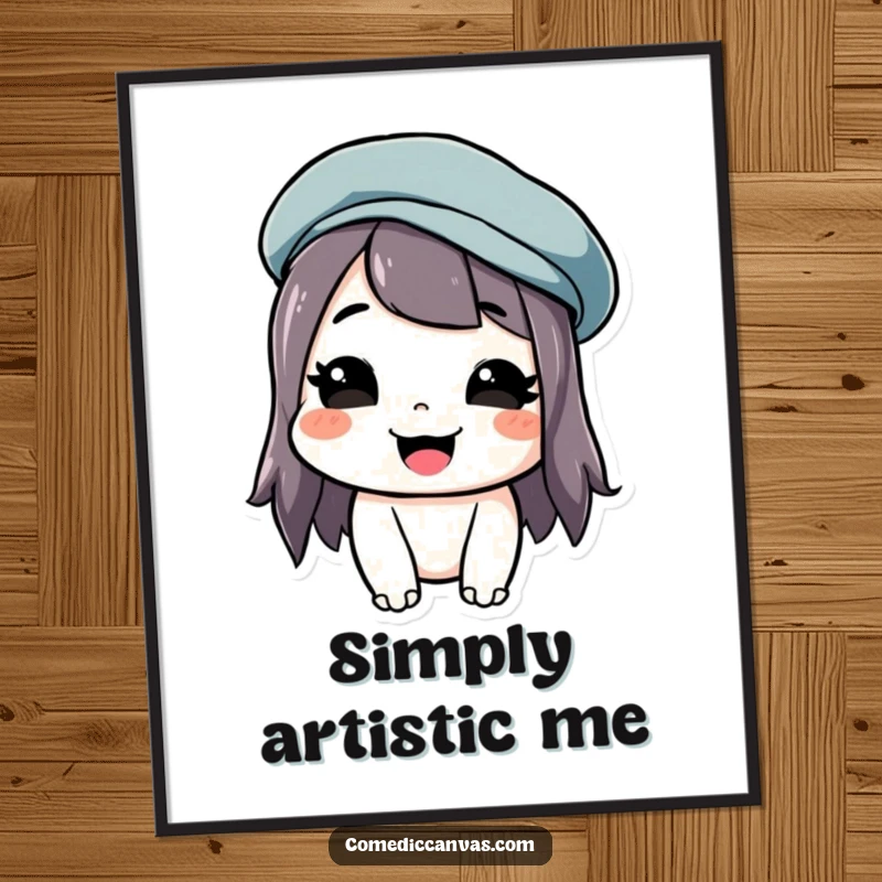 Funny digital art print of a smiling artist with a tilted beret, embodying playful charm.