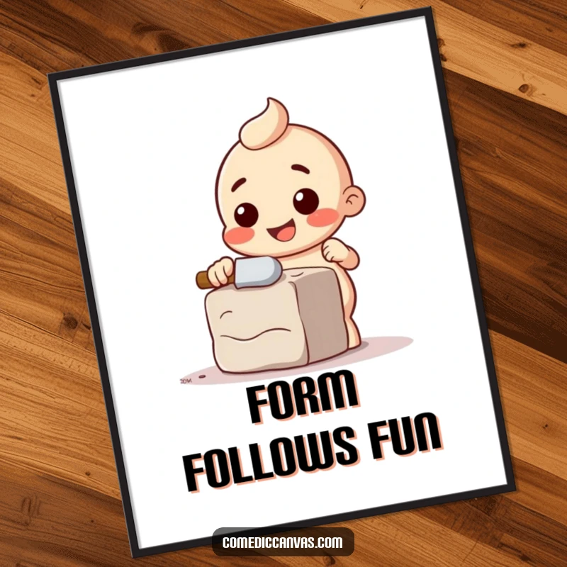 Funny digital art print of a happy chisel character comically chipping away at a block of clay, for decor.