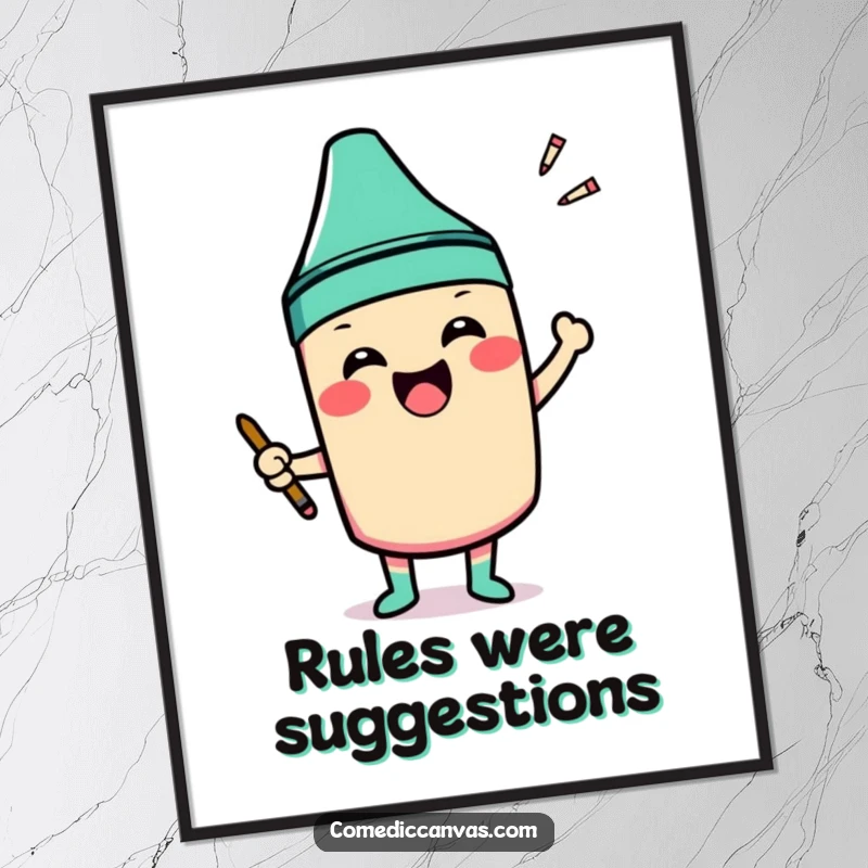 Funny digital art print of a smiling crayon character excitedly coloring outside the lines of a shape, for decor.