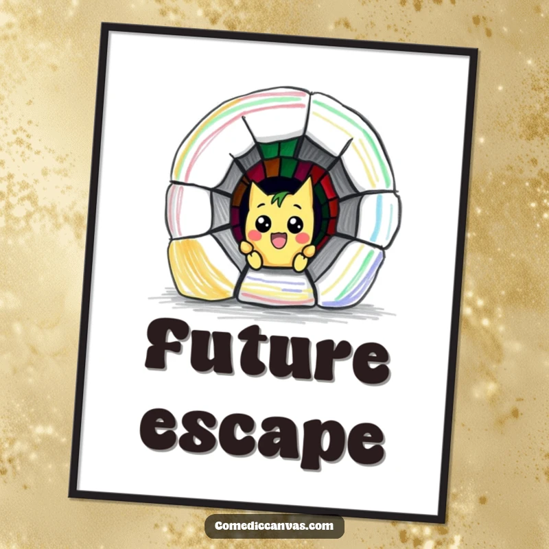Funny digital art print of a mischievous crayon character humorously drawing a vibrant escape tunnel, perfect for witty wall decor.