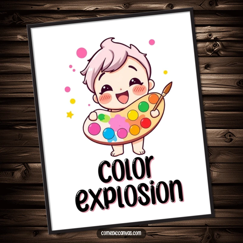 Funny giggling paint palette character overflowing with bright, cheerful colors, digital art print, humorous colorful illustration.