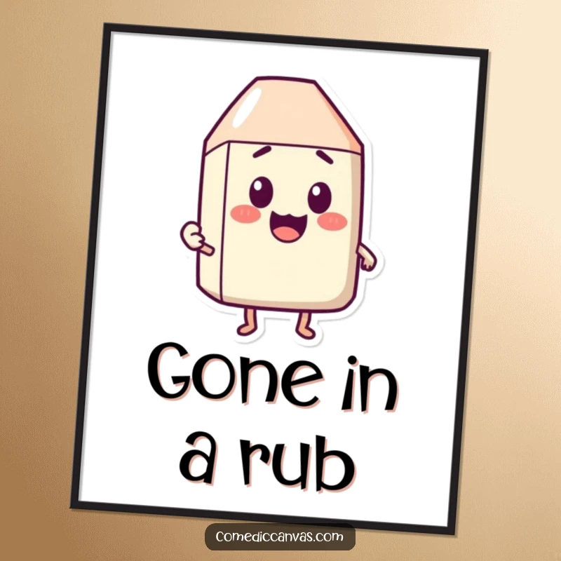 Funny digital art print of a happy eraser character erasing a surprised expression, conveying cheer and problem-solving.