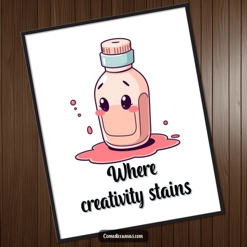 Funny digital art print of a curious ink bottle character comically dribbling a large ink blot, bringing artistic humor to your decor.