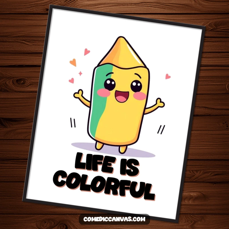Funny digital art print of a cute, kawaii crayon wiggling with delight as it draws, perfect for instant artistic decoration.