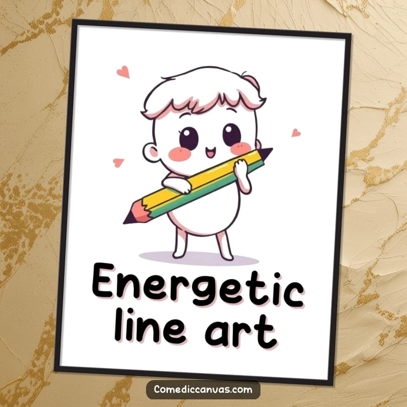 Funny kawaii pencil drawing a swift, energetic line, a digital art print capturing artistic spontaneity and humor, instantly available.