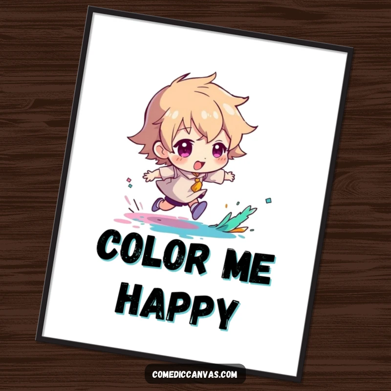 Funny digital art print of a character playfully chasing a splash of paint, celebrating artistic motion.