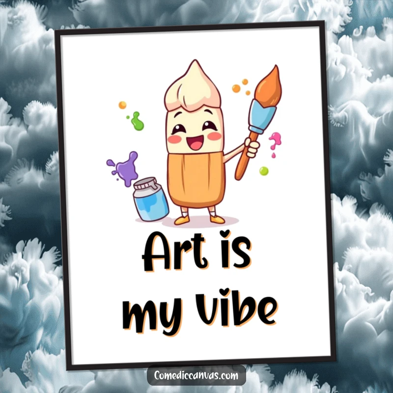 Funny digital art featuring a happy paintbrush character juggling colorful paint pots, ready to be printed for vibrant wall decor.