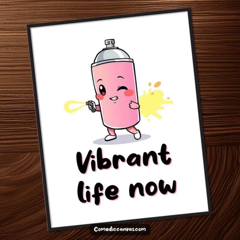 Funny digital art print of a spray paint can character leaving a vibrant trail, conveying artistic energy.